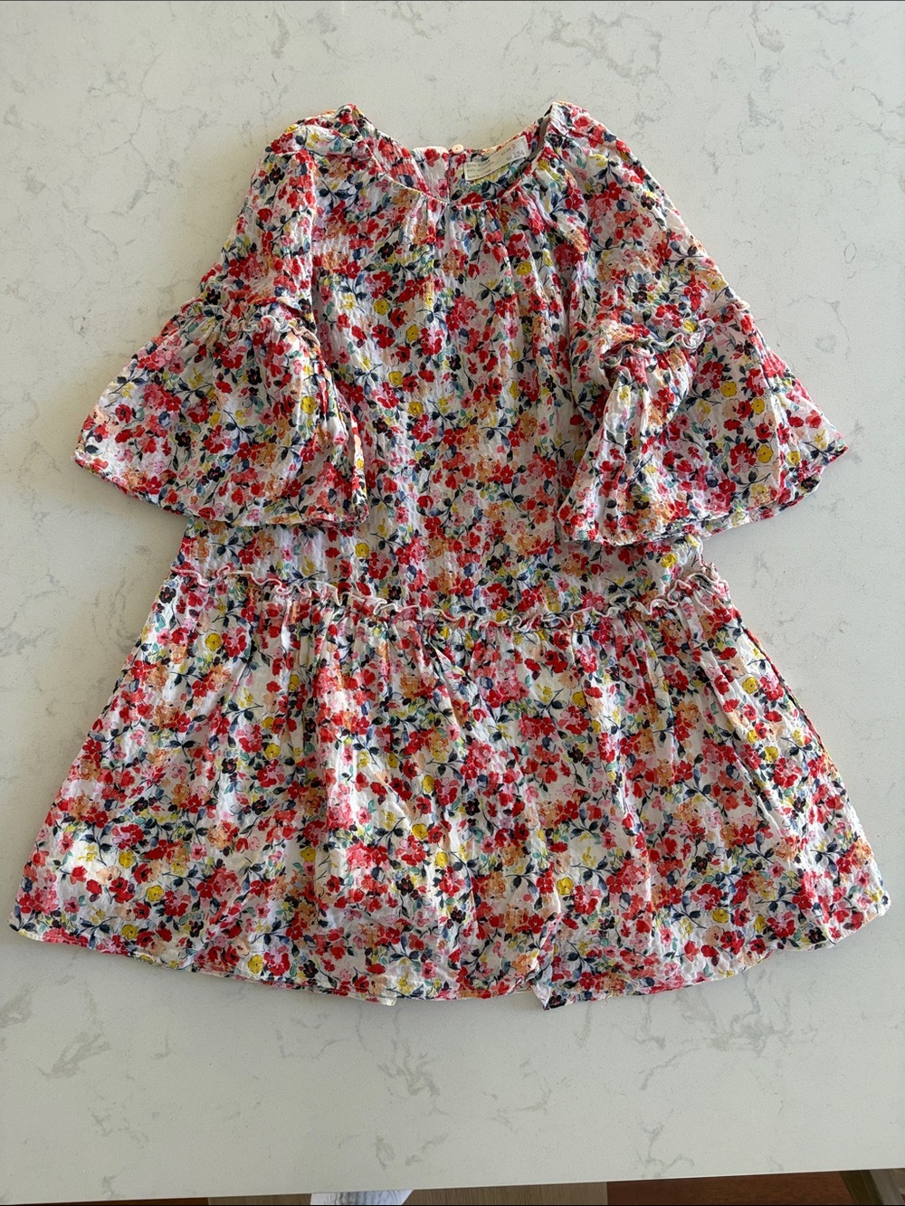 Zara Girls' White Floral Smocked Dress with Red & Pink Blooms